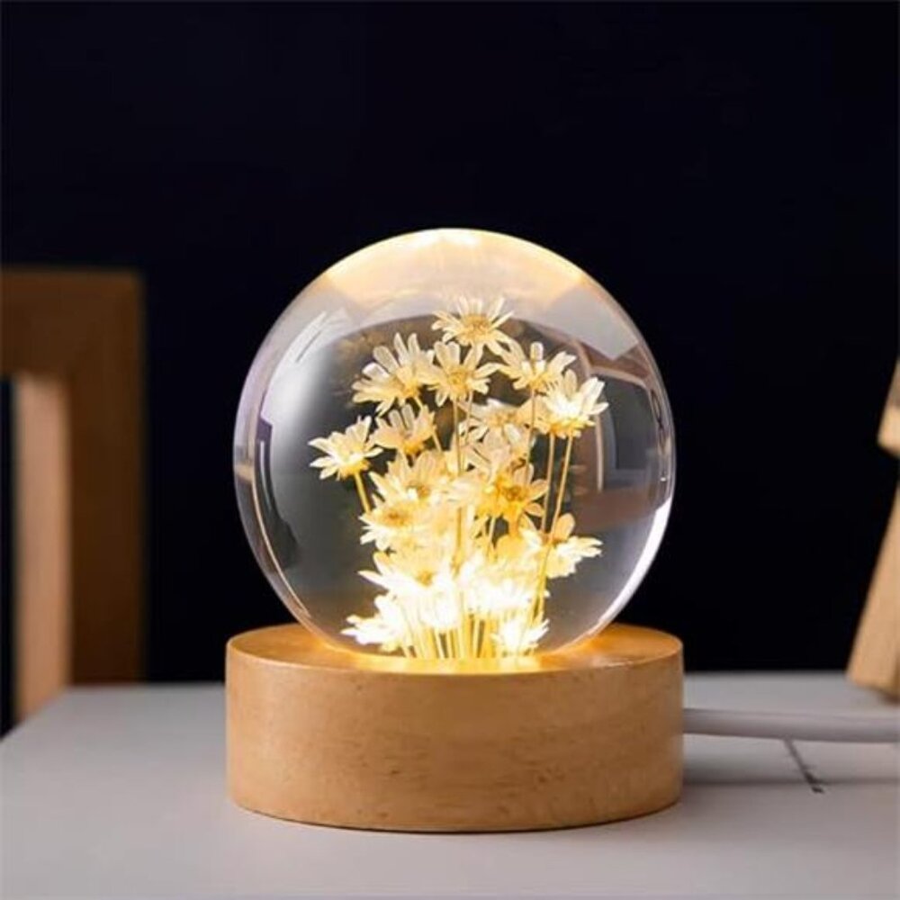 Flower Crystal Ball Night Light, 2.4 inch Glass Ball Night Lamp with Wooden Base